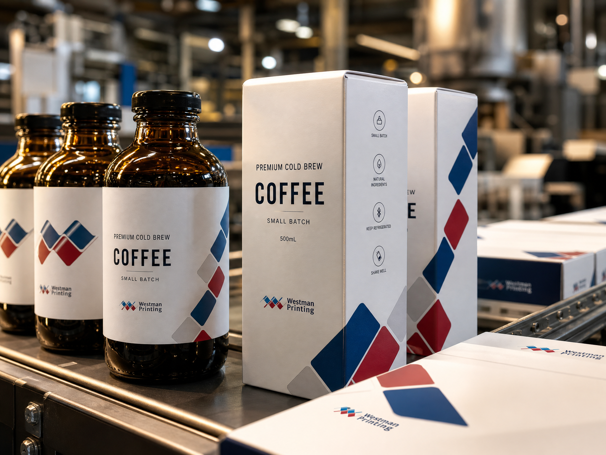 Custom-printed labels and cartons on a production line