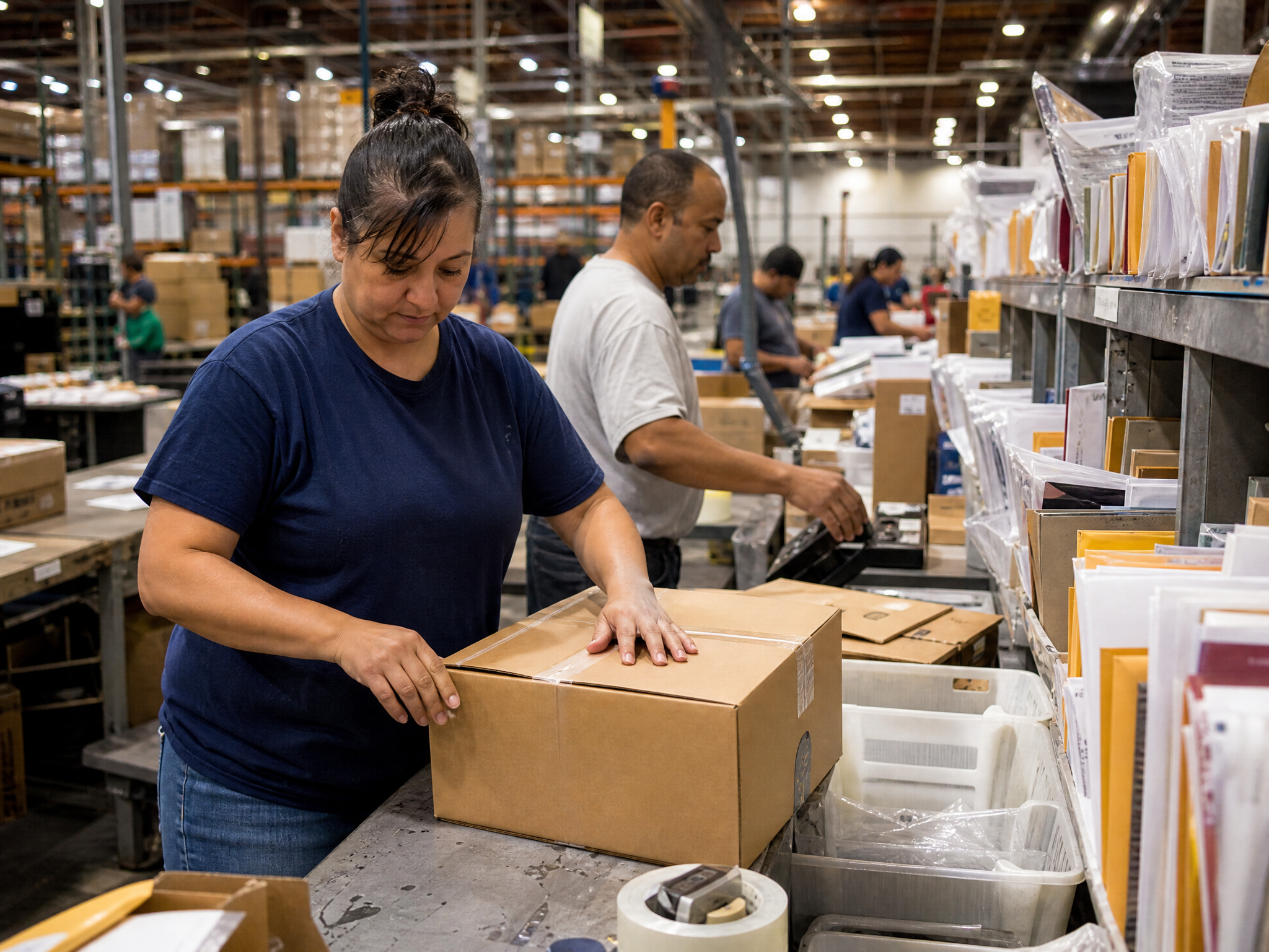 Warehouse pick-and-pack fulfilment with addressed mail dispatch